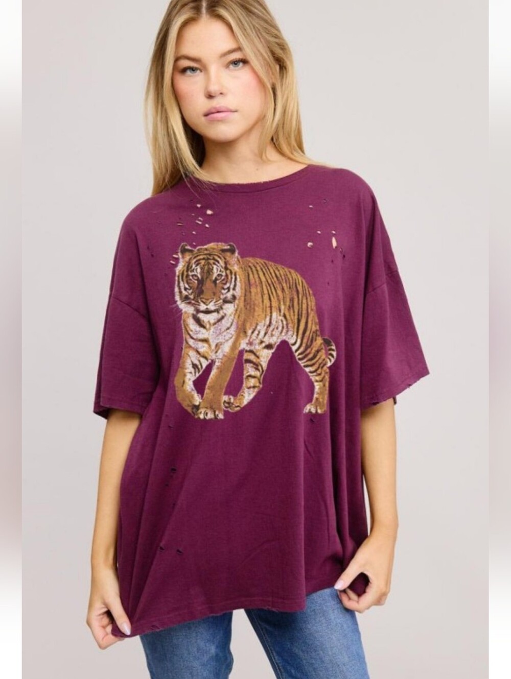 Oversized Distressed Purple Tiger Graphic Tee Plum